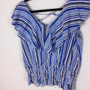 🤑2/$10 Blue Striped ruffle criss cross back shirt